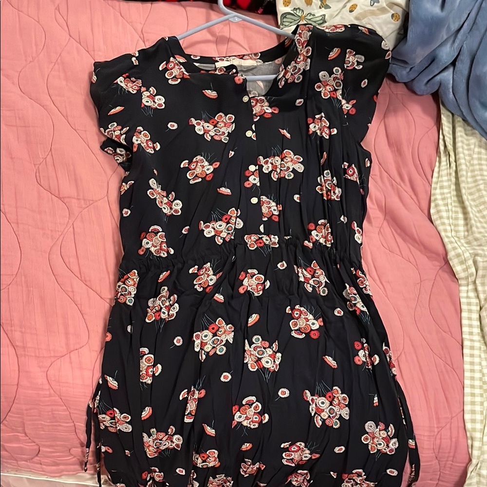 LOFT Black Dress with Red and White Floral Design